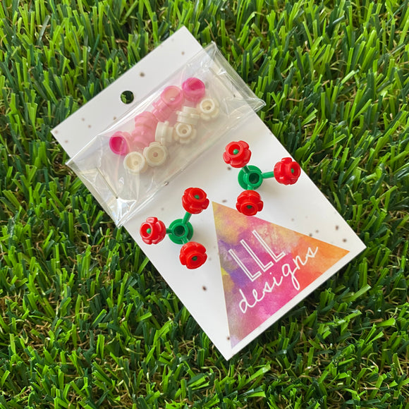 Mini Blooming Stud Earrings - #6 Three Vibrant Red Flowers with Twelve Additional Pink and White Flowers - These are ELEGANT!