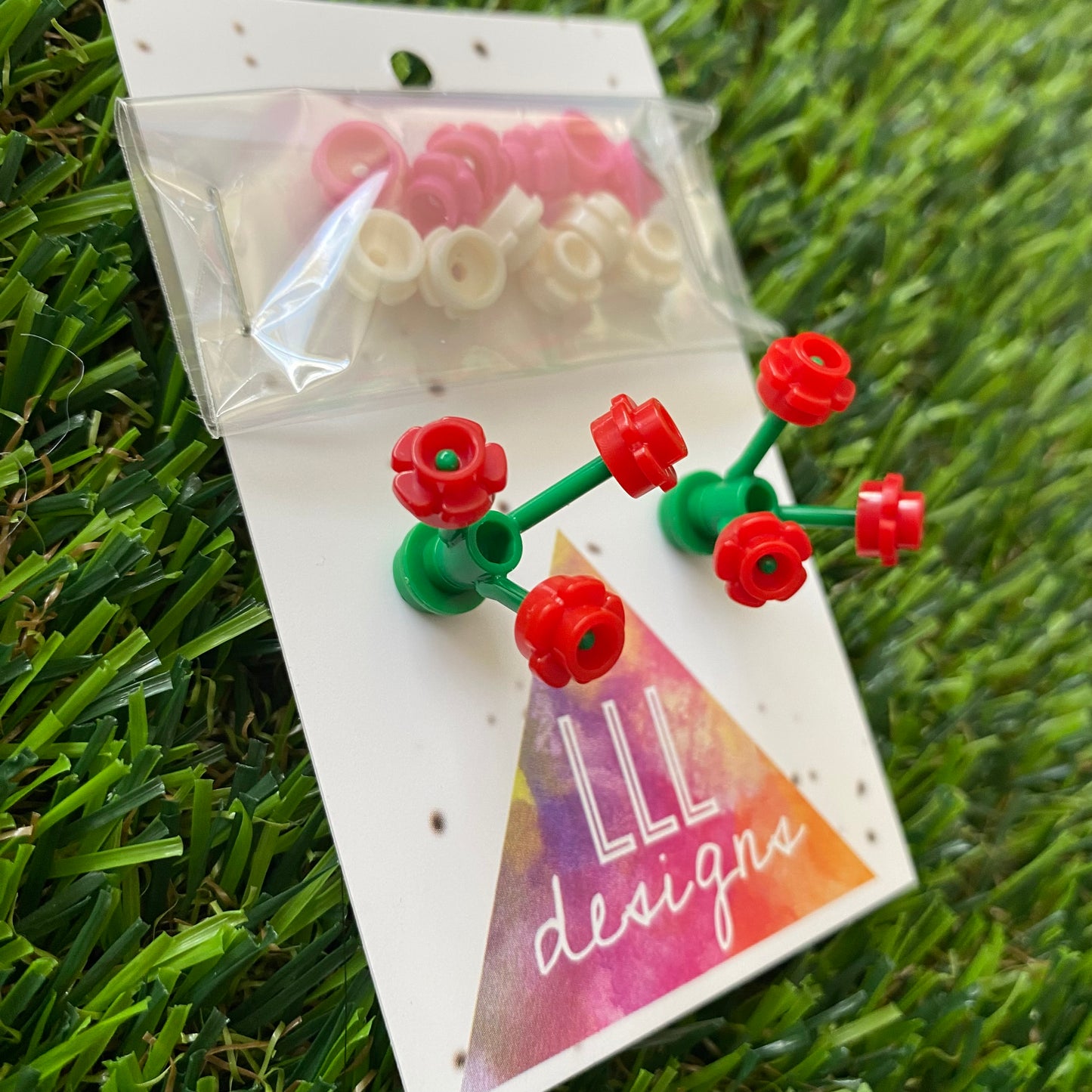 Mini Blooming Stud Earrings - #6 Three Vibrant Red Flowers with Twelve Additional Pink and White Flowers - These are ELEGANT!