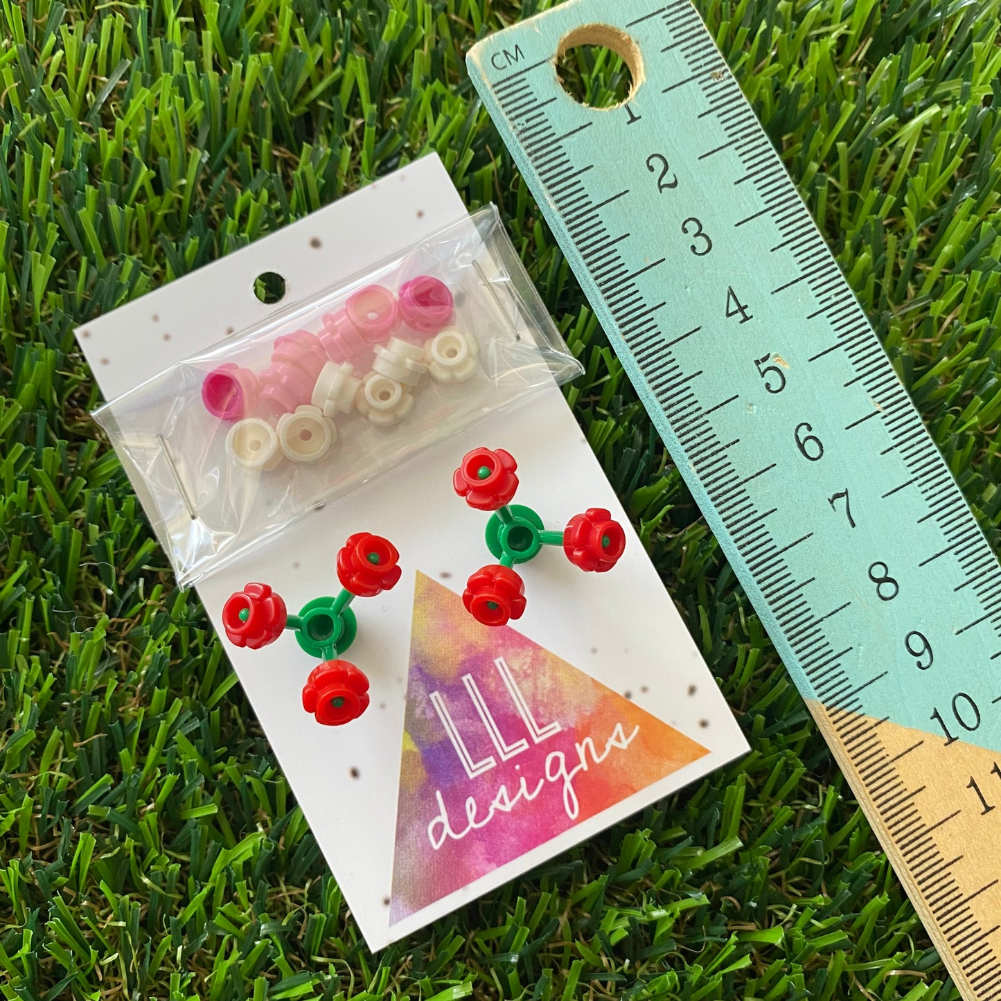 Mini Blooming Stud Earrings - #6 Three Vibrant Red Flowers with Twelve Additional Pink and White Flowers - These are ELEGANT!