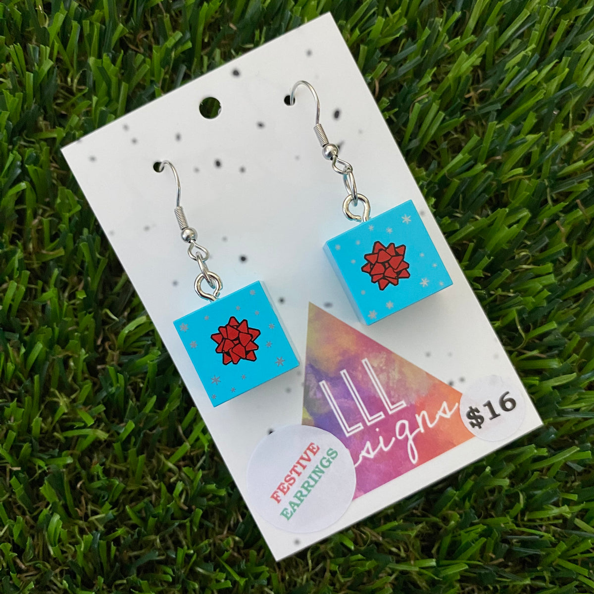 Christmas Brick Earrings - Blue and Red Shaker Gift Box Dangle Earrings- on Surgical Stainless Steel Hooks