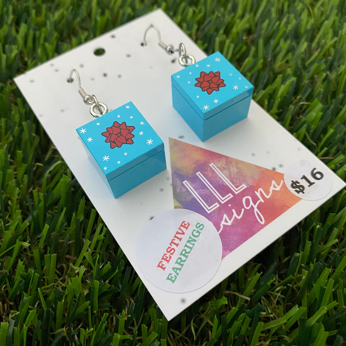 Christmas Brick Earrings - Blue and Red Shaker Gift Box Dangle Earrings- on Surgical Stainless Steel Hooks