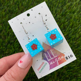 Christmas Brick Earrings - Blue and Red Shaker Gift Box Dangle Earrings- on Surgical Stainless Steel Hooks