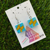 Christmas Brick Blue and Yellow Gift Box Dangle Earrings- featuring Surgical Stainless Steel Hooks