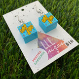 Christmas Brick Blue and Yellow Gift Box Dangle Earrings- featuring Surgical Stainless Steel Hooks