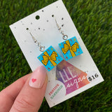 Christmas Brick Blue and Yellow Gift Box Dangle Earrings- featuring Surgical Stainless Steel Hooks