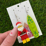 Santa Christmas Brick Earrings- Surfing Santa Festive Earrings, Featuring Surgical Stainless Steel Hooks!