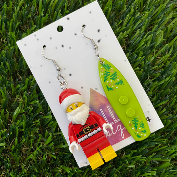 Santa Christmas Brick Earrings- Surfing Santa Festive Earrings, Featuring Surgical Stainless Steel Hooks!