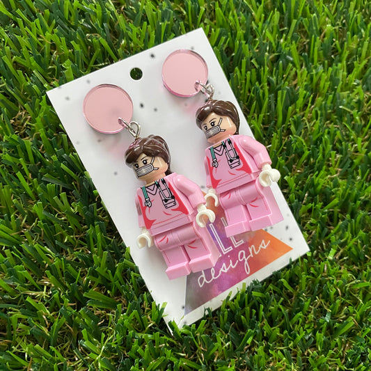 Brick People Earrings - #3 Pretty in Pink Nurse Nelly Dangle Earrings