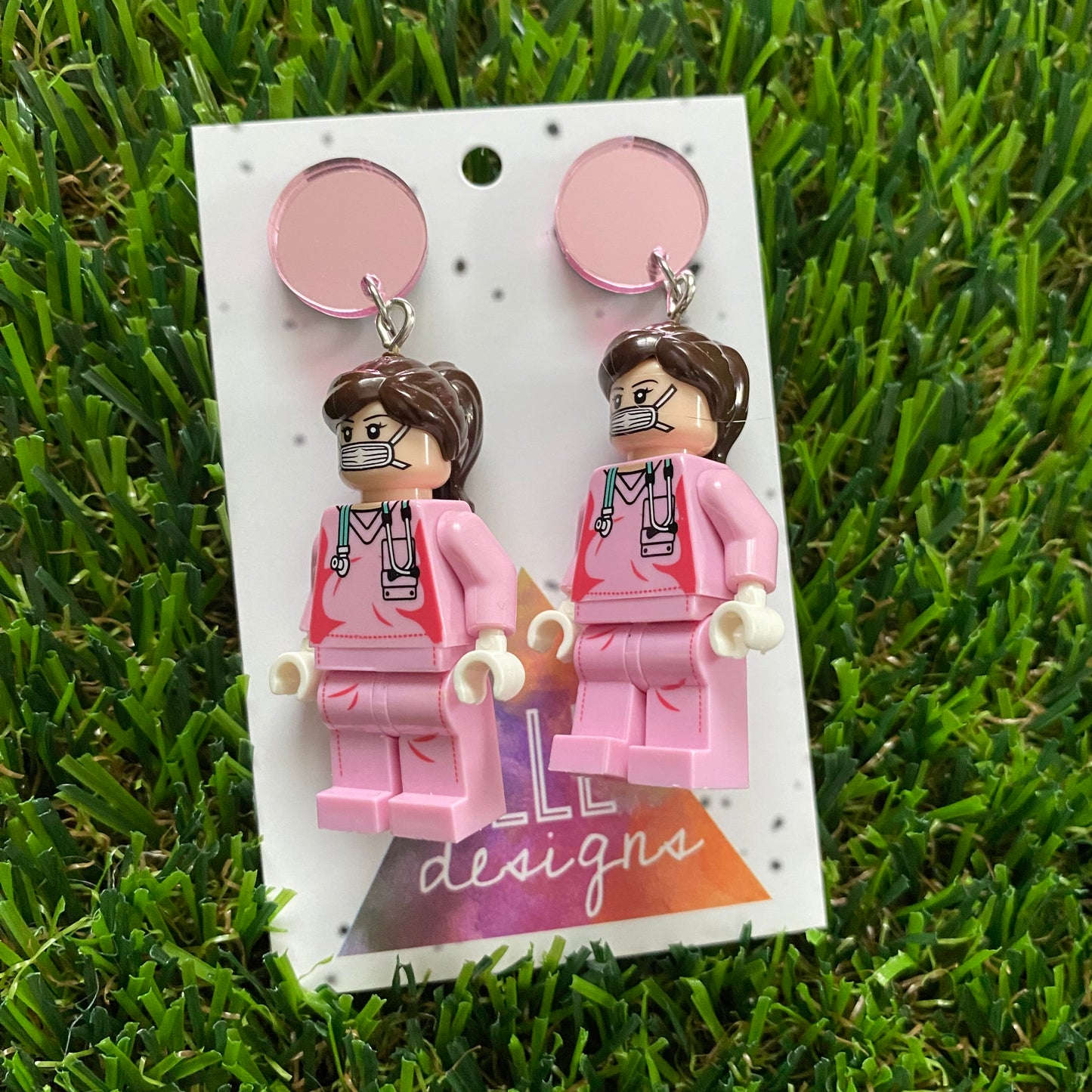 Brick People Earrings - #3 Pretty in Pink Nurse Nelly Dangle Earrings