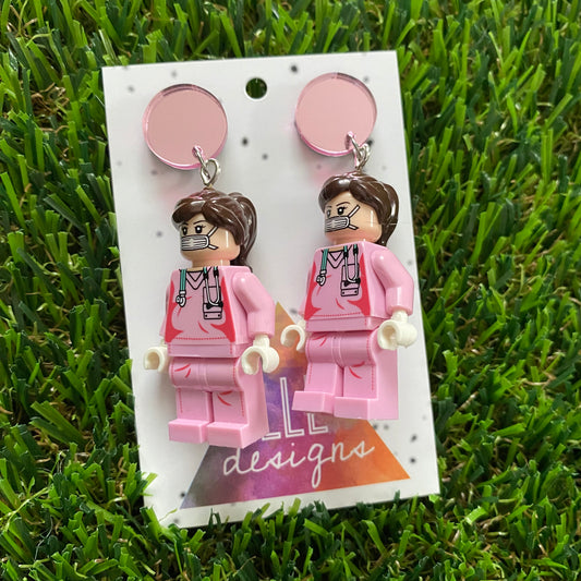 Brick People Earrings - #3 Pretty in Pink Nurse Nelly Dangle Earrings