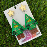 Christmas Tree Brick Earrings- Christmas Tree Costume Dangle Earrings, Featuring a Festive Gold Mirror Star Top!