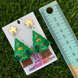 Christmas Tree Brick Earrings- Christmas Tree Costume Dangle Earrings, Featuring a Festive Gold Mirror Star Top!