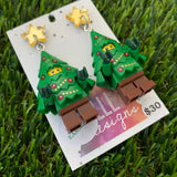 Christmas Tree Brick Earrings- Christmas Tree Costume Dangle Earrings, Featuring a Festive Gold Mirror Star Top!