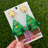 Christmas Tree Brick Earrings- Christmas Tree Costume Dangle Earrings, Featuring a Festive Gold Mirror Star Top!