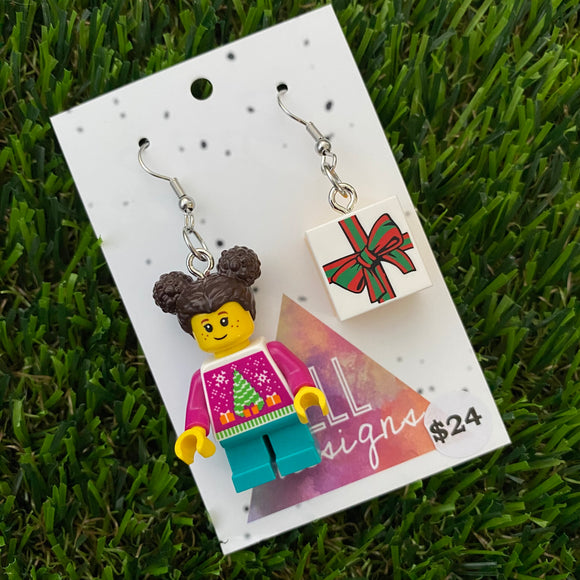 Christmas Gift Girl Brick Earrings - Christmas Present and Girl Dangle Earrings, Featuring Surgical Stainless Steel Hooks