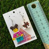 Christmas Gift Girl Brick Earrings - Christmas Present and Girl Dangle Earrings, Featuring Surgical Stainless Steel Hooks