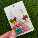 Christmas Gift Girl Brick Earrings - Christmas Present and Girl Dangle Earrings, Featuring Surgical Stainless Steel Hooks