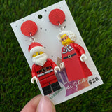 Santa and Mrs Claus Brick Earrings - Festive Dangle Earrings, Featuring Glitzy Red Tops