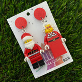 Santa and Mrs Claus Brick Earrings - Festive Dangle Earrings, Featuring Glitzy Red Tops
