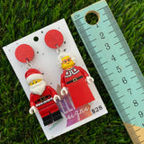 Santa and Mrs Claus Brick Earrings - Festive Dangle Earrings, Featuring Glitzy Red Tops