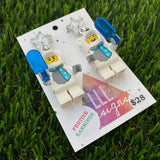 Polar Bear Christmas Brick Earrings - Festive Polar Bear Costume Dangle Earrings, Featuring Glitzy Silver Star Tops.