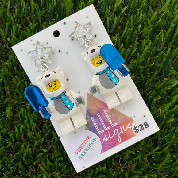 Polar Bear Christmas Brick Earrings - Festive Polar Bear Costume Dangle Earrings, Featuring Glitzy Silver Star Tops.