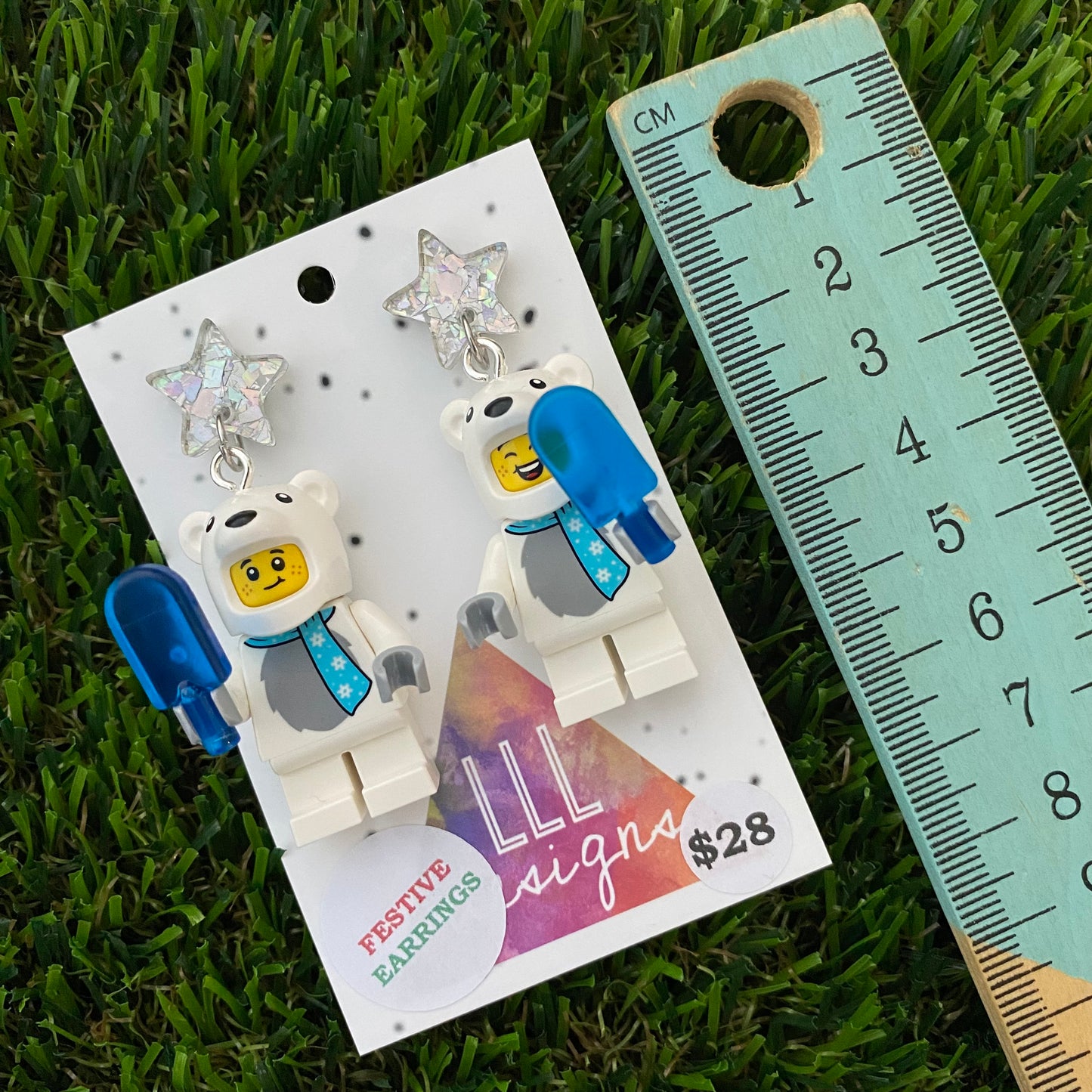 Polar Bear Christmas Brick Earrings - Festive Polar Bear Costume Dangle Earrings, Featuring Glitzy Silver Star Tops.