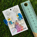 Polar Bear Christmas Brick Earrings - Festive Polar Bear Costume Dangle Earrings, Featuring Glitzy Silver Star Tops.