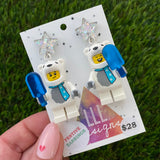 Polar Bear Christmas Brick Earrings - Festive Polar Bear Costume Dangle Earrings, Featuring Glitzy Silver Star Tops.