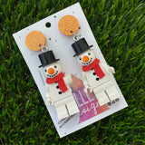 Christmas Snowman Brick Earrings - Festive Snowman with a Carrot Nose Dangle Earrings, Featuring Orange Tops.