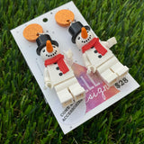 Christmas Snowman Brick Earrings - Festive Snowman with a Carrot Nose Dangle Earrings, Featuring Orange Tops.