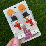 Christmas Snowman Brick Earrings - Festive Snowman with a Carrot Nose Dangle Earrings, Featuring Orange Tops.