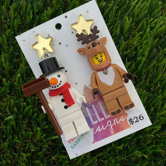 Christmas Snowman and Reindeer Brick Earrings - Snowman and Reindeer Friend Dangle Earrings, Featuring Festive Gold Mirror Star Tops.