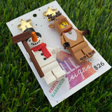 Christmas Snowman and Reindeer Brick Earrings - Snowman and Reindeer Friend Dangle Earrings, Featuring Festive Gold Mirror Star Tops.