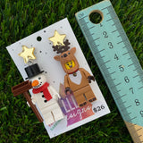 Christmas Snowman and Reindeer Brick Earrings - Snowman and Reindeer Friend Dangle Earrings, Featuring Festive Gold Mirror Star Tops.