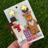 Christmas Snowman and Reindeer Brick Earrings - Snowman and Reindeer Friend Dangle Earrings, Featuring Festive Gold Mirror Star Tops.