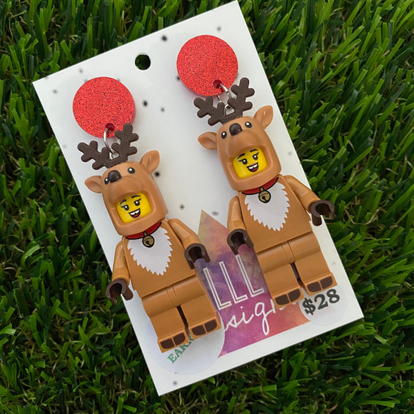 Christmas Reindeer Brick Earrings - Festive Reindeer Dangle Earrings, Featuring Glitzy Red Tops.
