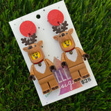 Christmas Reindeer Brick Earrings - Festive Reindeer Dangle Earrings, Featuring Glitzy Red Tops.