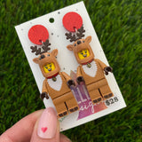 Christmas Reindeer Brick Earrings - Festive Reindeer Dangle Earrings, Featuring Glitzy Red Tops.