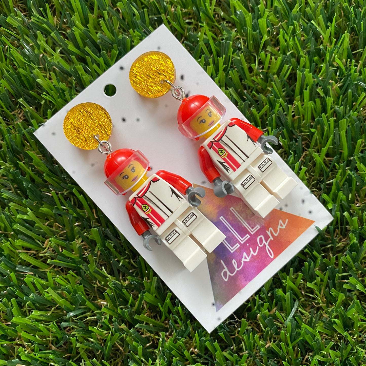 Brick People Earrings - #24 Race Car Rachel Dangle Earrings