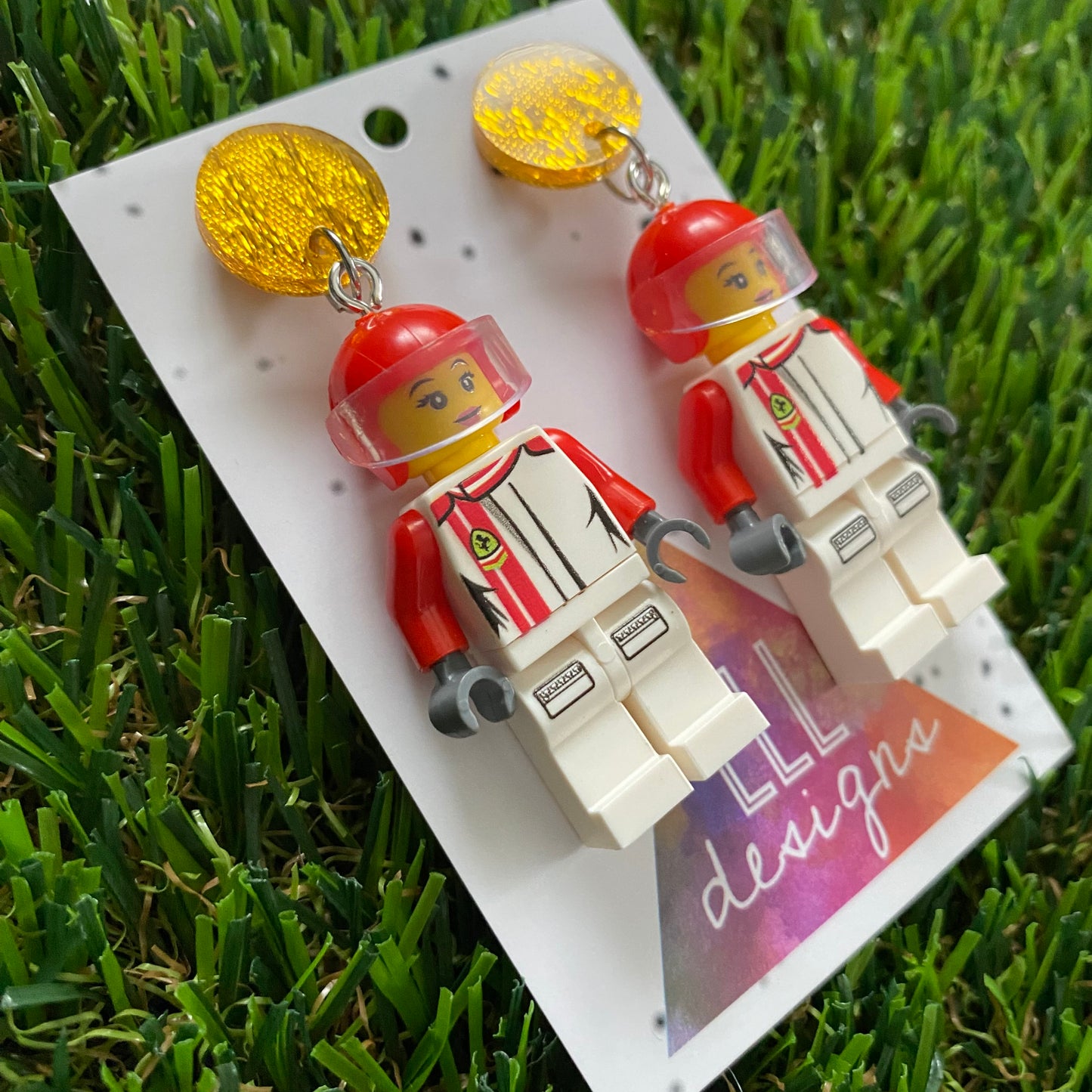 Brick People Earrings - #24 Race Car Rachel Dangle Earrings