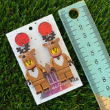 Christmas Reindeer Brick Earrings - Festive Reindeer Dangle Earrings, Featuring Glitzy Red Tops.