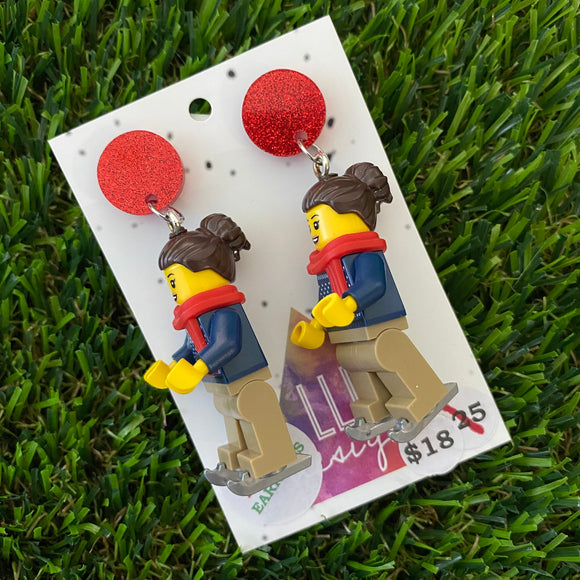 Christmas Ice Skating Girl Brick Earrings- Festive Girl on Ice Skates Dangle Earrings, Featuring Glitzy Red Tops