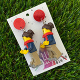 Christmas Ice Skating Girl Brick Earrings- Festive Girl on Ice Skates Dangle Earrings, Featuring Glitzy Red Tops