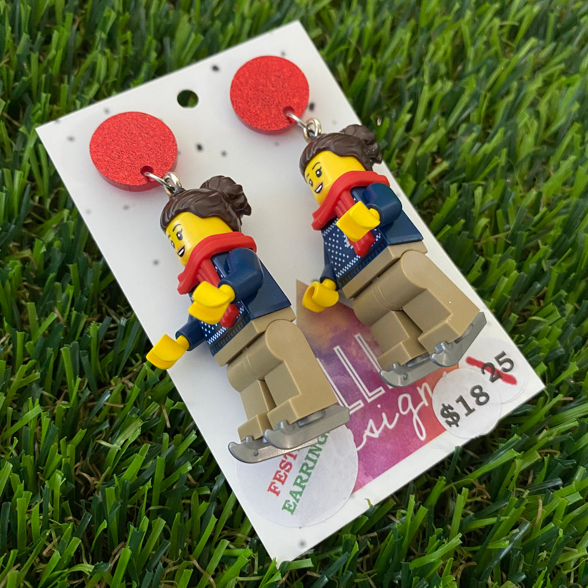 Christmas Ice Skating Girl Brick Earrings- Festive Girl on Ice Skates Dangle Earrings, Featuring Glitzy Red Tops