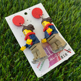 Christmas Ice Skating Girl Brick Earrings- Festive Girl on Ice Skates Dangle Earrings, Featuring Glitzy Red Tops