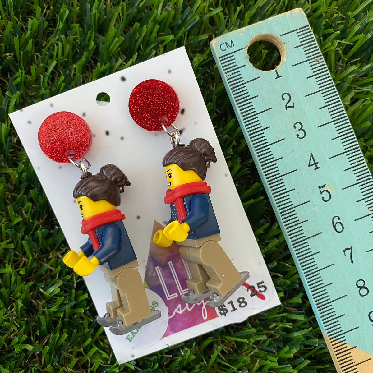Christmas Ice Skating Girl Brick Earrings- Festive Girl on Ice Skates Dangle Earrings, Featuring Glitzy Red Tops