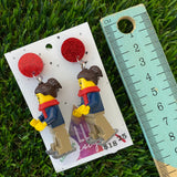 Christmas Ice Skating Girl Brick Earrings- Festive Girl on Ice Skates Dangle Earrings, Featuring Glitzy Red Tops