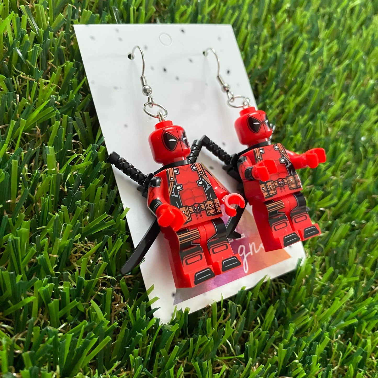 Brick Person Earrings - #26 Red and Black Super Hero Earrings with Doggo Sidekick Matching Earrings - Earring Set