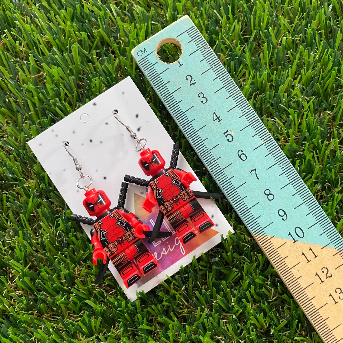 Brick Person Earrings - #26 Red and Black Super Hero Earrings with Doggo Sidekick Matching Earrings - Earring Set